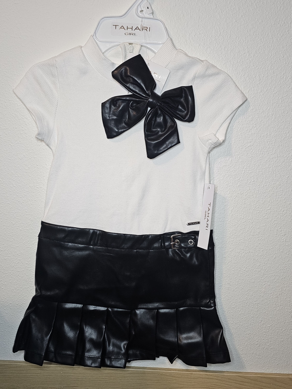 Tahari Girl White and Black Faux-Leather Bow Dress